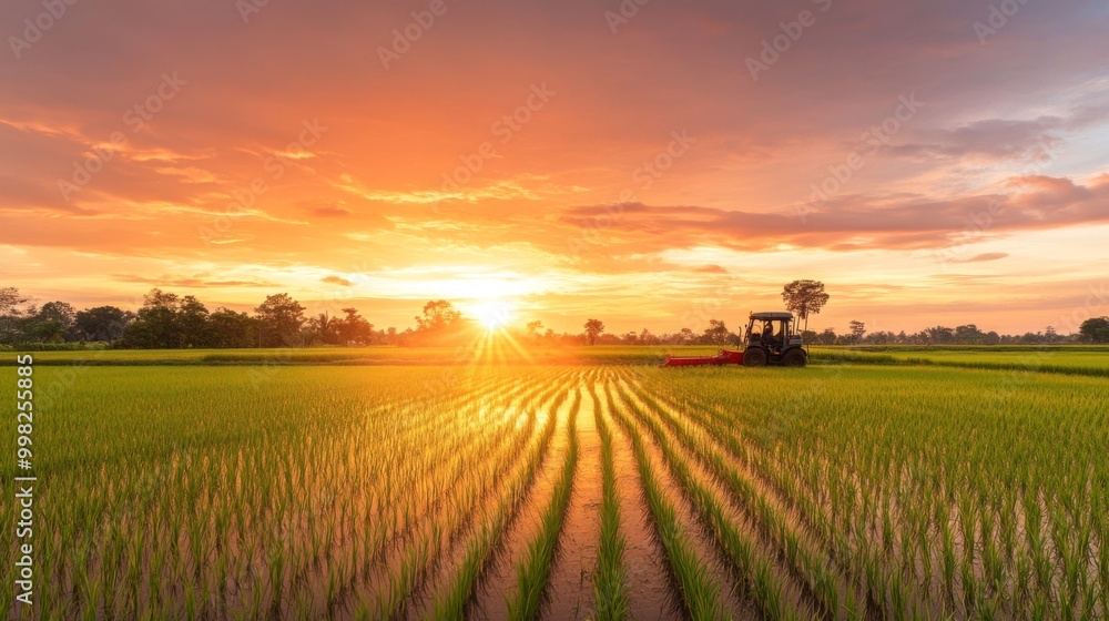 Obraz premium A panoramic view of a rice field at sunset, with a rice harvester in the distance, its silhouette highlighted against the orange and pink hues of the sky.