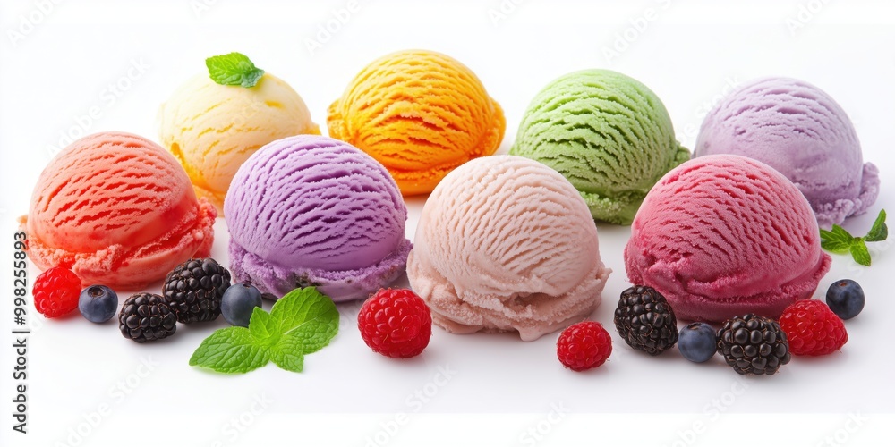Scoops of colorful ice cream with fresh berries and mint Scoops of colorful ice cream with fresh berries and mint