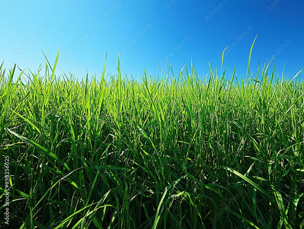 Obraz premium Lush Green Grass Under a Bright Blue Sky Representing Nature, Growth, and Tranquility in Summer