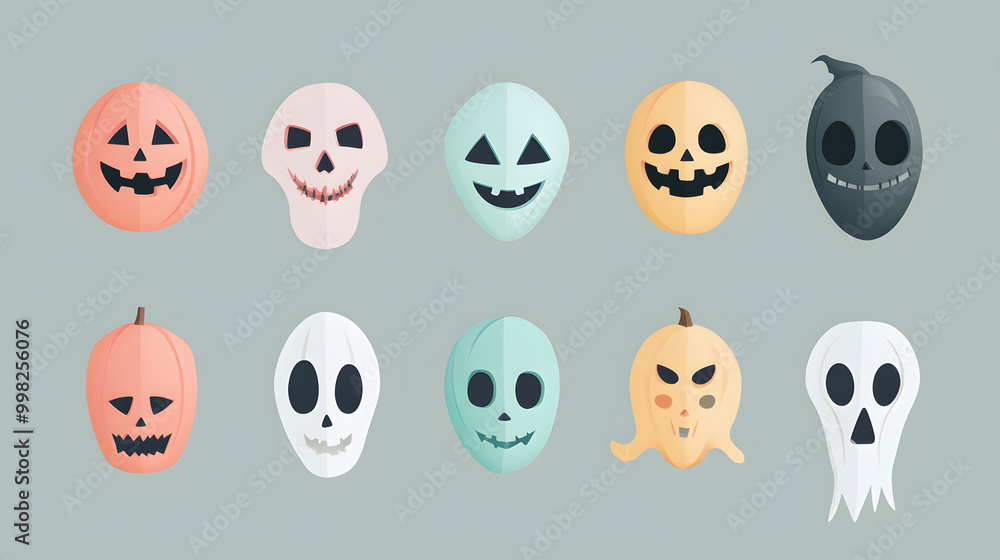 Minimal pastel Halloween mask set of icons with smooth edges and soft colors placed on a clean background Minimal pastel Halloween mask set of icons with smooth edges and soft colors placed on a clean background