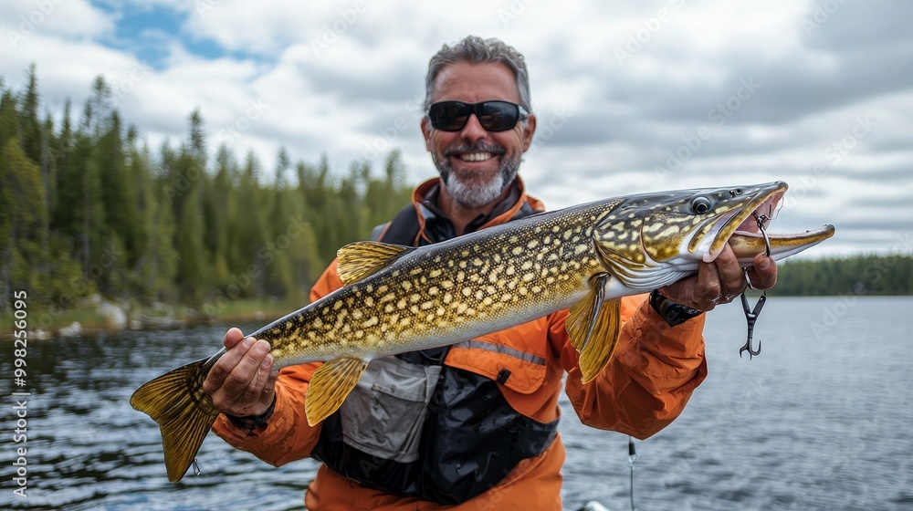 A joyful fisherman shows off a large fish caught at a lake, the lure visible in its mouth, set against a natural backdrop, highlighting a successful outdoor adventure. A joyful fisherman shows off a large fish caught at a lake, the lure visible in its mouth, set against a natural backdrop, highlighting a successful outdoor adventure.