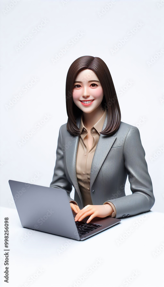 Business woman in gray suit working outfit stand up and holding laptop looking at camera.