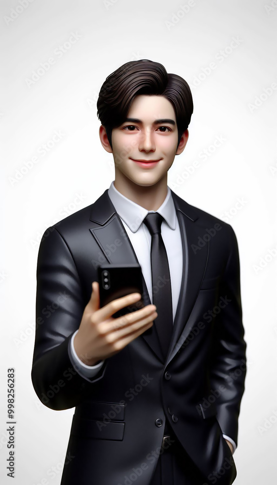 Business man in black suit working outfit stand up and holding smartphone looking at camera. Business man in black suit working outfit stand up and holding smartphone looking at camera.