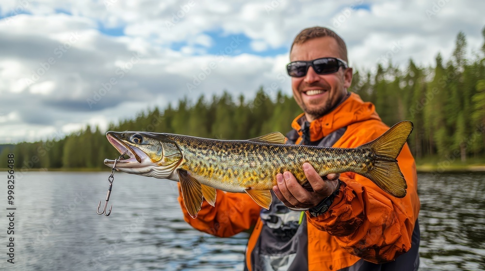 A joyful fisherman shows off a large fish caught at a lake, the lure visible in its mouth, set against a natural backdrop, highlighting a successful outdoor adventure. A joyful fisherman shows off a large fish caught at a lake, the lure visible in its mouth, set against a natural backdrop, highlighting a successful outdoor adventure.