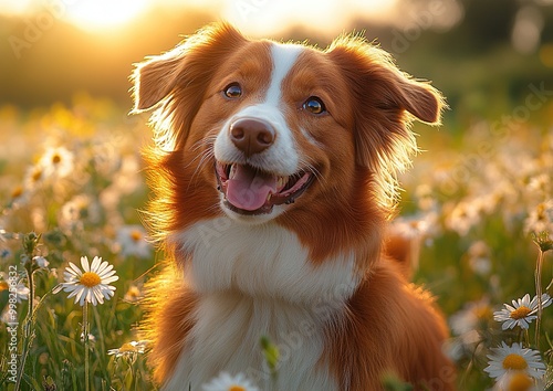 Playful Red Tri Australian Shepherd Dog Standing on Green Grass with Bright Blue Sky Background