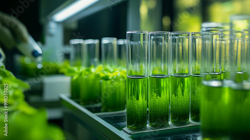 Testing algae growth in laboratory conditions with multiple test tubes filled with green liquid