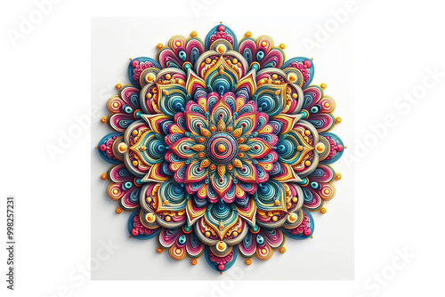 Colorful samaya 3D Mandala design, white background