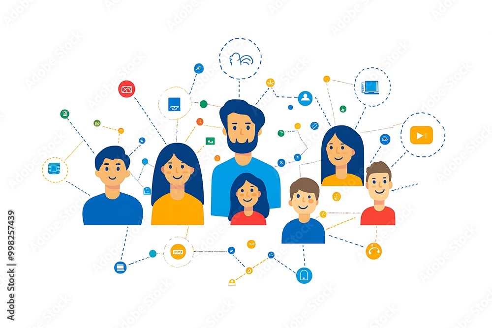 Illustration of diverse people connected through technology. Illustration of diverse people connected through technology.
