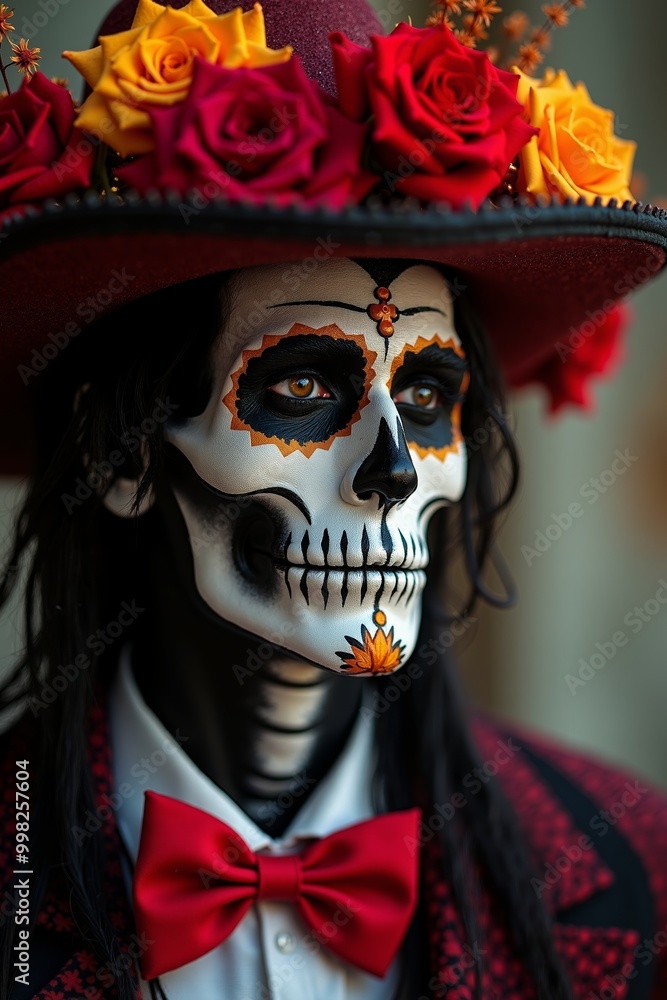 Celebrating Dia de los Muertos with vibrant costumes and floral decorations in a colorful urban setting Celebrating Dia de los Muertos with vibrant costumes and floral decorations in a colorful urban setting