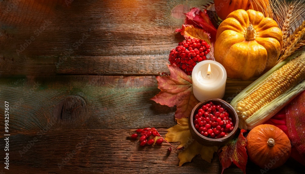 Thanksgiving and fall decor, wooden table, with Native American foods and ingredients Thanksgiving and fall decor, wooden table, with Native American foods and ingredients