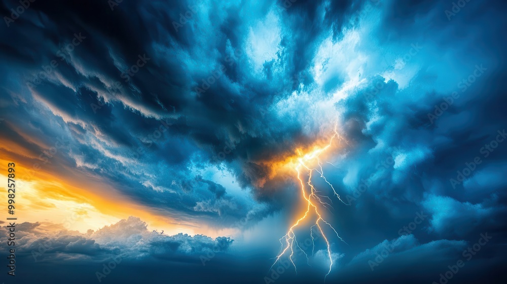 Fototapeta premium Dramatic sky with dark storm clouds and a bolt of lightning, creating a powerful and intense visual for action and thriller movie posters.