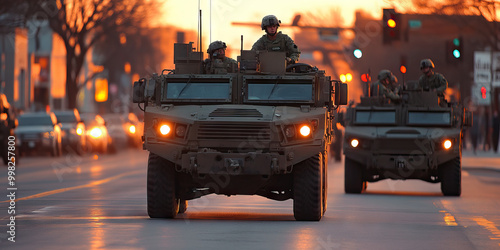 Weaponization of Fear: Military vehicles, armed soldiers patrolling a tense street. photo