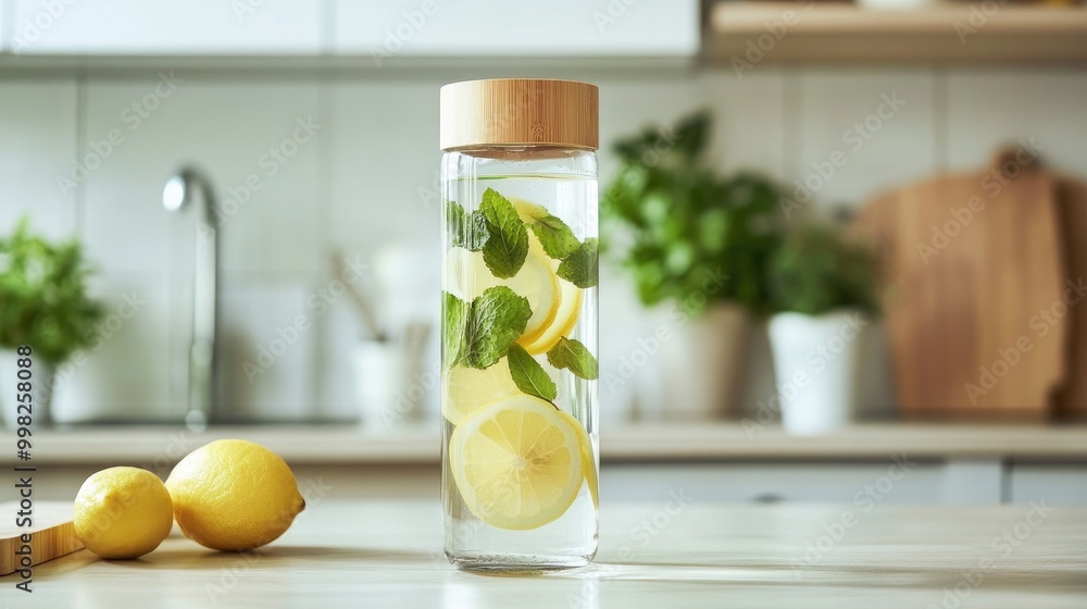 A stylish glass water bottle with a bamboo lid, filled with infused water containing slices of lemon and mint, set against a clean kitchen backdrop. A stylish glass water bottle with a bamboo lid, filled with infused water containing slices of lemon and mint, set against a clean kitchen backdrop.