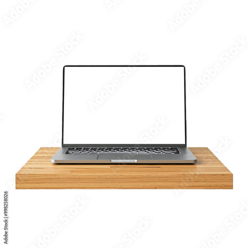 wooden table template, laptop with blank screen, desk mock-up, tabletop, front view, isolated 