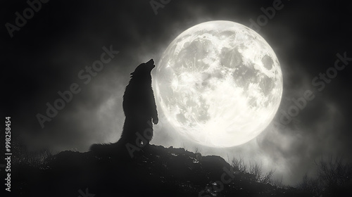 This evocative image captures the essence of a lone wolf silhouetted against a luminous full moon, howling into the night. Set against a backdrop of a mysterious