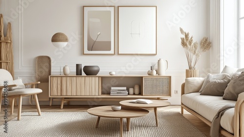 A stylish Scandinavian-inspired living room with light wood furniture, neutral colors, and simple showcasing minimalism and elegance.