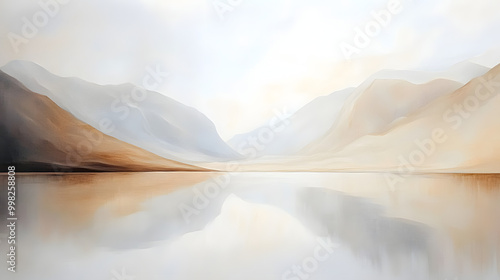 Abstract mountain river scene, minimalist beige and amber tones, layered textures, Scottish landscapes, serene white and light gray reflections
