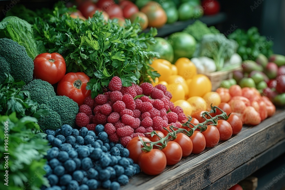Vibrant Close-Up of Assorted Fresh Food Including Fruits, Vegetables, and Herbs on a Bright Surface Vibrant Close-Up of Assorted Fresh Food Including Fruits, Vegetables, and Herbs on a Bright Surface