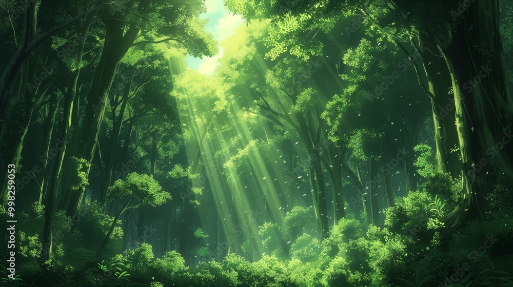 Sunlight streams through the dense canopy of a lush green forest, illuminating the forest floor with a warm glow. Sunlight streams through the dense canopy of a lush green forest, illuminating the forest floor with a warm glow.
