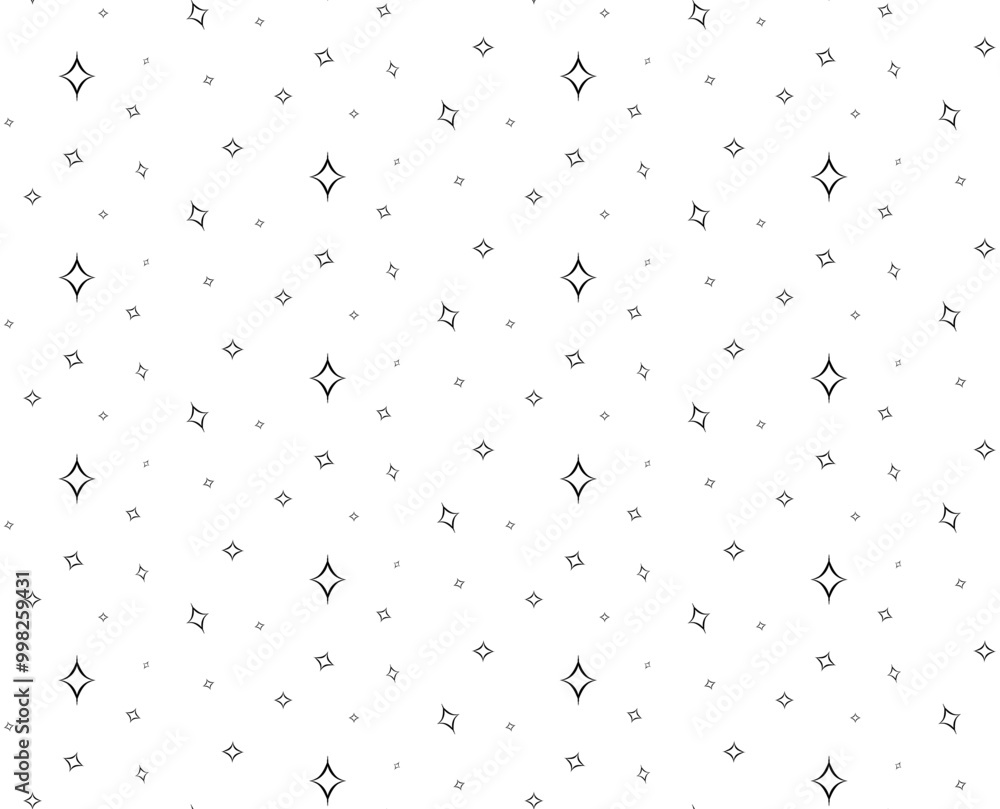 Starry space seamless pattern. Galaxy shiny stars fabric print, astronomy science starlight background or night sky wallpaper vector pattern. Universe starry pattern with glowing stars
