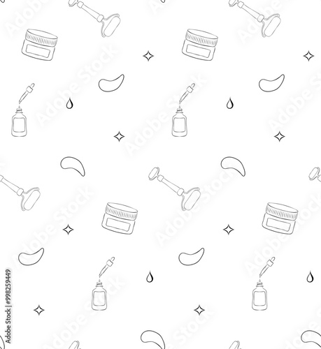 Line Art seamless pattern Products on White Background for Skin Care. Beauty Products for beauty salon, health industry, makeup artist.
