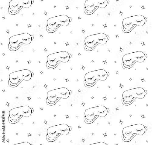 Sleeping mask with closed eyes seamless pattern, hand drawn nursery background texture. Vector illustration, vintage retro minimal style.
