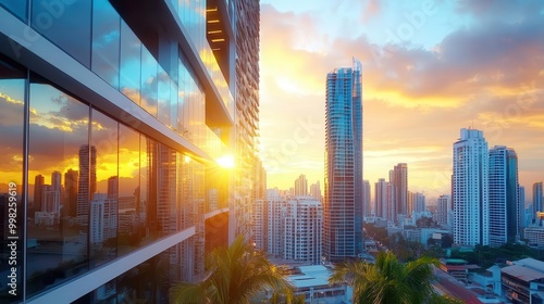 Golden hour sky with silhouettes of city buildings, capturing the blend of urban life and natural beauty for metropolitan lifestyle ads.