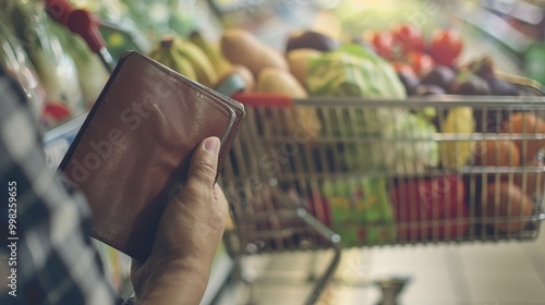 Disappointed Person Holding an Empty Wallet in Front of a Shopping Cart Filled with Groceries. Inflation, consumer behavior,financial Strain, frustration, discount store,ncome inequality,realistic photo