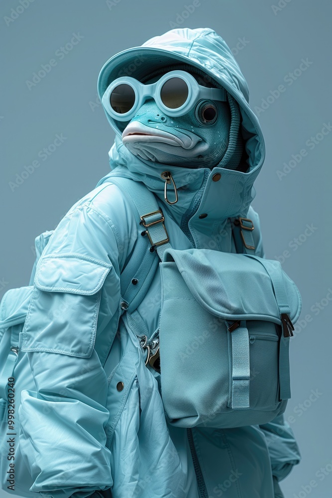 An anthropomorphic fish Dressed like a disco diva with big hair, sunglasses and a gold chain, light blue background An anthropomorphic fish Dressed like a disco diva with big hair, sunglasses and a gold chain, light blue background