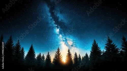 Long exposure sky with a glowing Milky Way above a dark forest, creating a mystical and enchanting setting for fantasy and adventure themes.