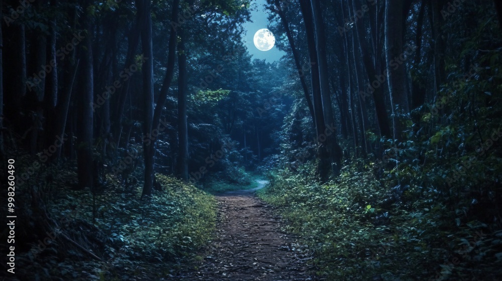 Fototapeta premium A dirt path through a moonlit forest with tall trees on either side and a full moon in the sky.