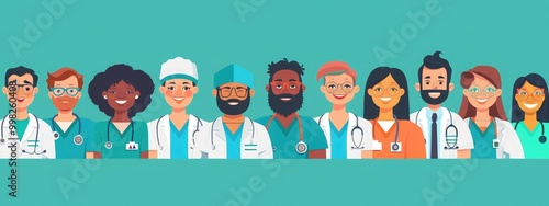 an illustration of Vector of a diverse medical staff in scrubs, diverse, diverse, medical, vector infographic, cartoon style