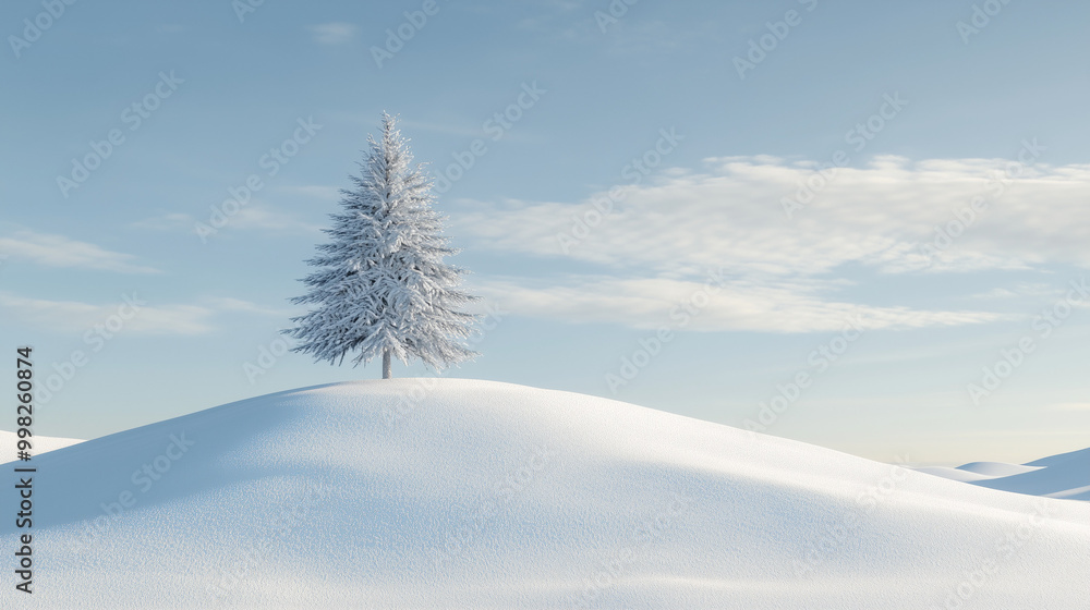 Snowy landscape featuring a solitary pine tree on a hill under a blue sky Snowy landscape featuring a solitary pine tree on a hill under a blue sky