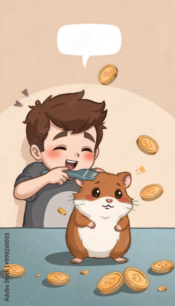 a boy trimming a hamster's fur, a speech bubble above him, boy laughing a boy trimming a hamster's fur, a speech bubble above him, boy laughing