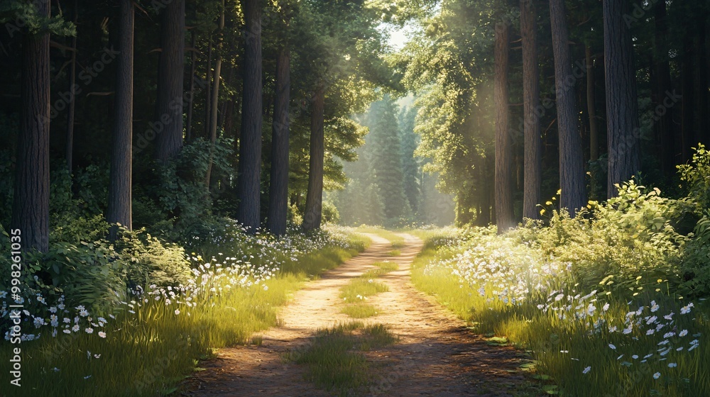 Fototapeta premium A dirt path winding through a forest with tall trees and sunlight filtering through the canopy.
