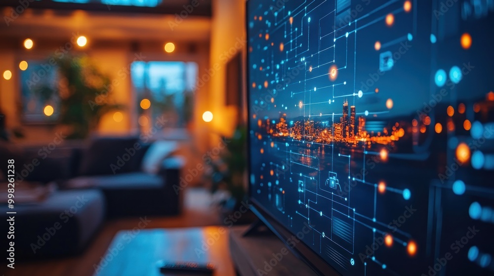 Smart Home Technology with Cityscape on a TV Screen Smart Home Technology with Cityscape on a TV Screen