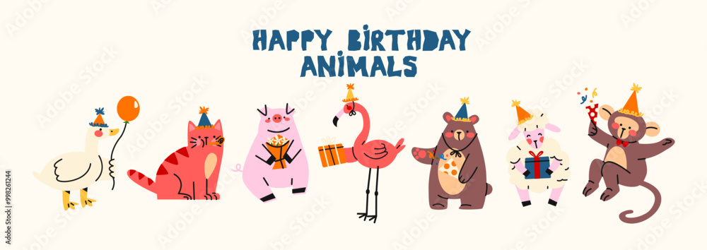 Fototapeta premium Festive pets happy birthday. Happy animals celebrate party with party hats on their heads. Cartoon stickers for cards, invitations and posters