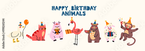 Festive pets happy birthday. Happy animals celebrate party with party hats on their heads. Cartoon stickers for cards, invitations and posters
