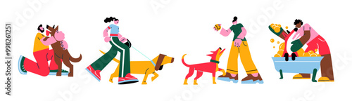 Cartoon characters with pets. Caring owners owners lead pets on a leash. Veterinarians, dog and cat care, walk in the fresh air. Vector mascots in geometric style