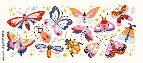 Set of beetles and butterflies in cartoon style. Bright abstract patterns and ornaments on wings, insects flies, bees, caterpillars, bugs in abstract style. Bright funky stickers.