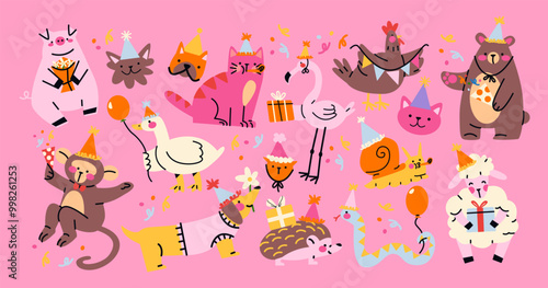 Festive pets happy birthday. Happy animals celebrate party with party hats on their heads. Cartoon stickers for cards, invitations and posters