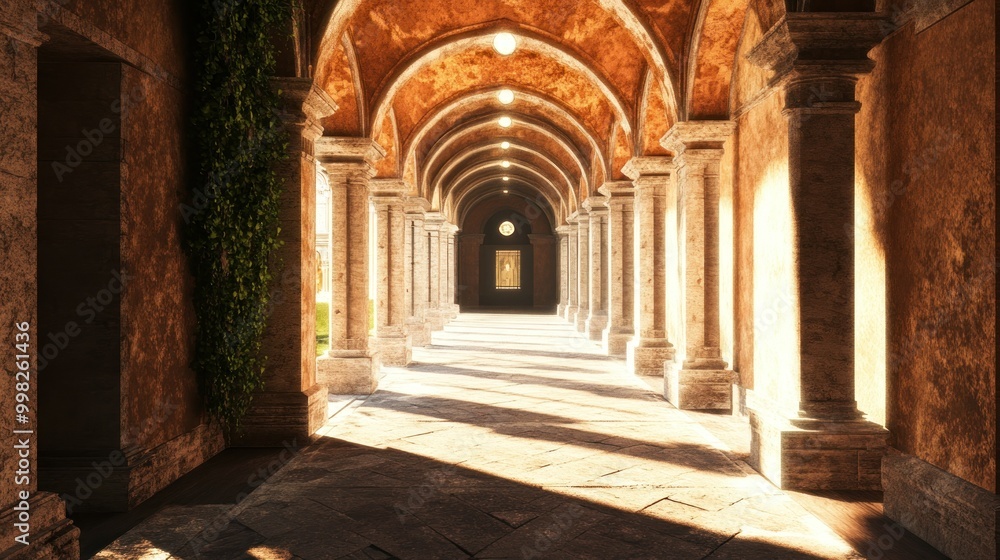 Naklejka premium Sunlit Stone Arched Passageway in Ancient Architecture