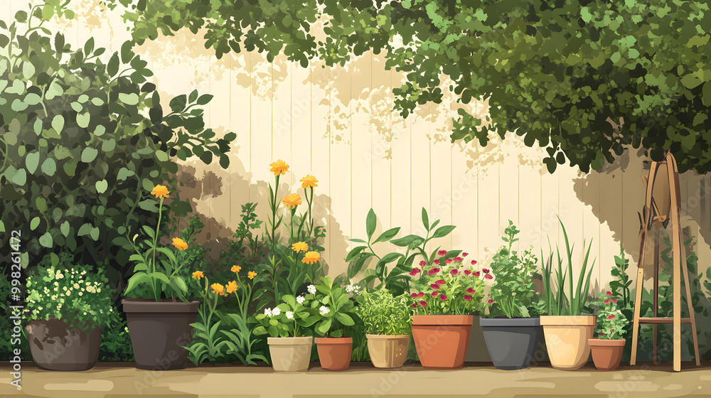 Fototapeta premium Vibrant vector garden scene featuring diverse plants and flowers, celebrating nature's beauty in a colorful and engaging design