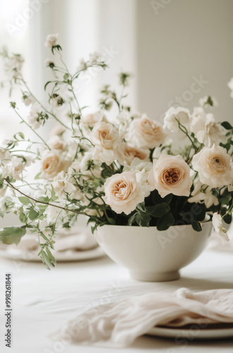 Beautiful bouquet of delicate creme garden roses in a round vase on the table