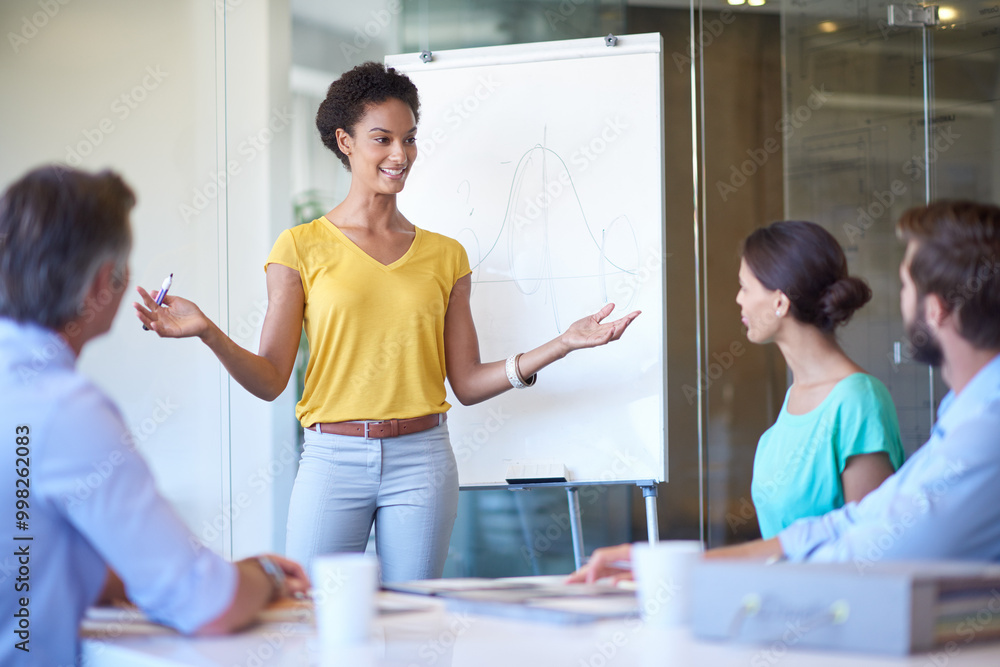 Obraz premium Woman, speaker and presentation meeting in office with whiteboard, startup planning and ideas for business. Smile, people and training for financial growth, creative sale and feedback speech of goals