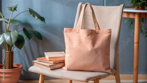 Stylish canvas tote bag on chair with books, modern home interior
