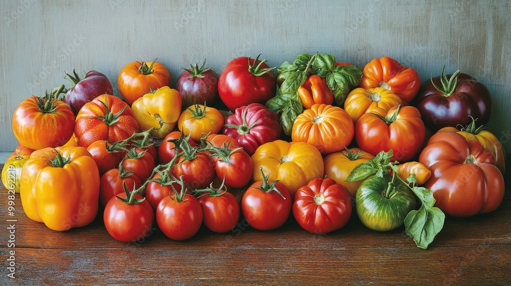 A vibrant display of fresh tomatoes of various varieties--cherry, beefsteak, and heirloom--arranged on a rustic wooden table, celebrating the beauty of seasonal produce. A vibrant display of fresh tomatoes of various varieties--cherry, beefsteak, and heirloom--arranged on a rustic wooden table, celebrating the beauty of seasonal produce.