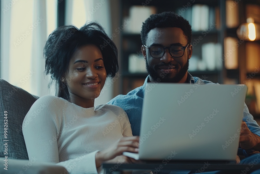 A Couple Enjoys Quality Time Together While Working on a Laptop in Their Cozy Living Room With Books and Warm Lighting A Couple Enjoys Quality Time Together While Working on a Laptop in Their Cozy Living Room With Books and Warm Lighting