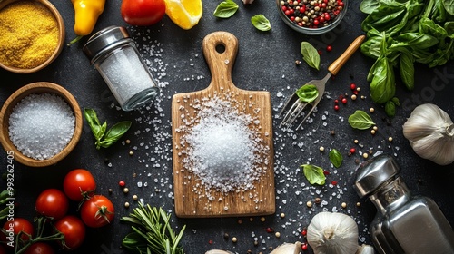 A playful overhead view of a salt shaker spilling salt onto a cutting board, surrounded by fresh ingredients and utensils, emphasizing the importance of seasoning in cooking. photo