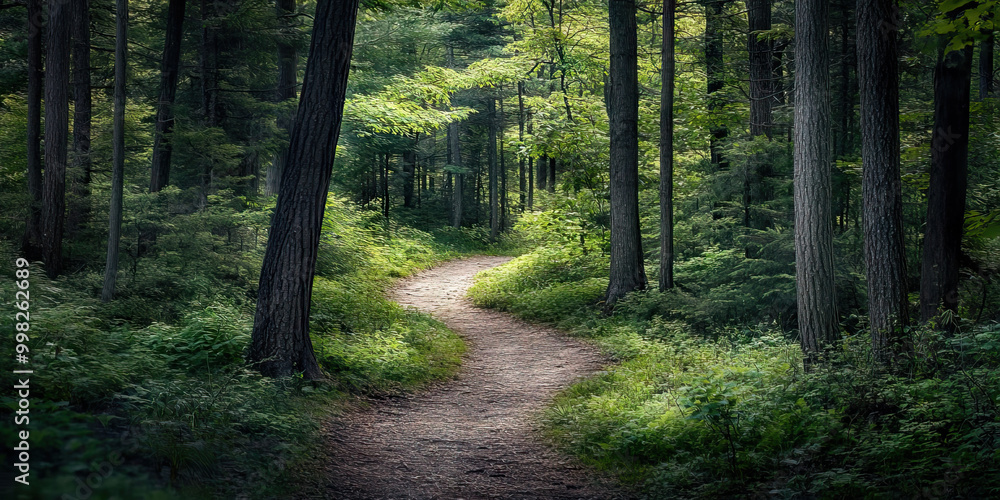 Obraz premium Mysterious Woodland Trail: A narrow path winding through a dense forest, inviting exploration and discovery.